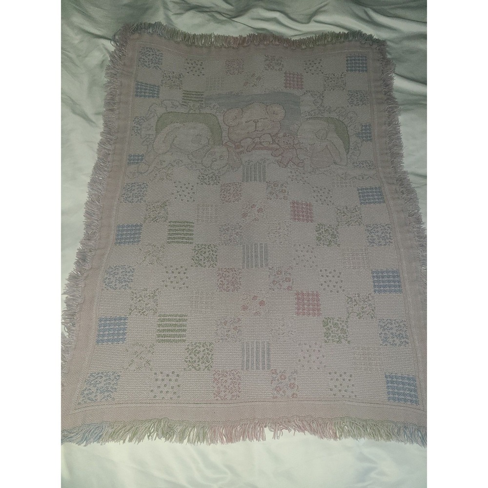 Vintage‎ Woven Tapestry Baby Blanket Teddy Bunny Pastel Patchwork Fringed 32x44